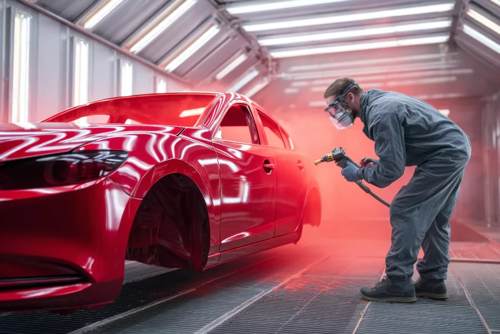 man spray painting auto
