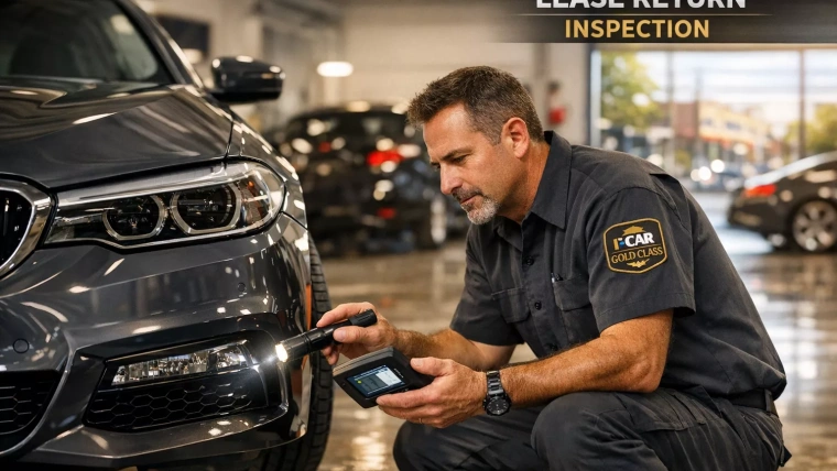 First Class Collision technician in Westbury performing a pre-lease return inspection using a digital gauge to help a driver avoid excessive wear and tear fees.