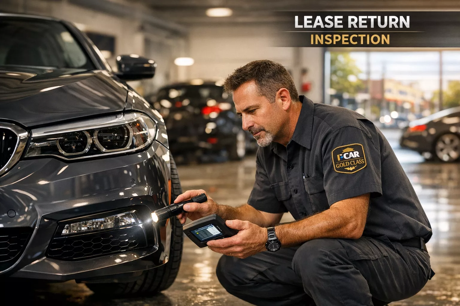 First Class Collision technician in Westbury performing a pre-lease return inspection using a digital gauge to help a driver avoid excessive wear and tear fees.