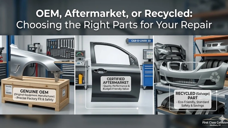 Infographic comparing Genuine OEM, Certified Aftermarket, and Recycled auto body parts at First Class Collision in Westbury, NY.