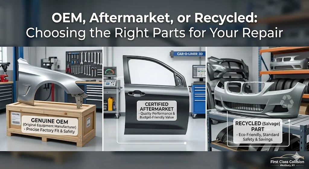 Infographic comparing Genuine OEM, Certified Aftermarket, and Recycled auto body parts at First Class Collision in Westbury, NY.