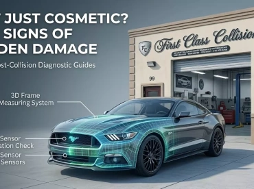 First Class Collision auto body shop header graphic at 99 Hopper St Westbury NY showing hidden structural damage detection.