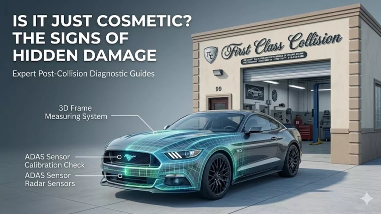First Class Collision auto body shop header graphic at 99 Hopper St Westbury NY showing hidden structural damage detection.