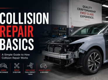 Front-end damaged vehicle inside a professional auto body repair shop illustrating the basic collision repair process, including damage assessment, repairs, paint refinishing, quality inspection, and delivery.