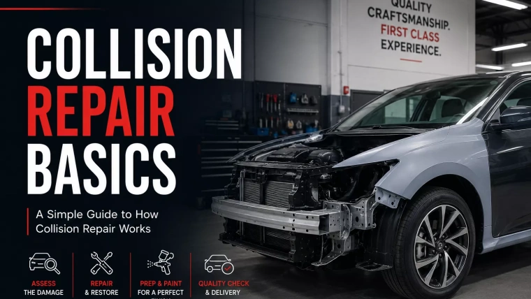 Front-end damaged vehicle inside a professional auto body repair shop illustrating the basic collision repair process, including damage assessment, repairs, paint refinishing, quality inspection, and delivery.