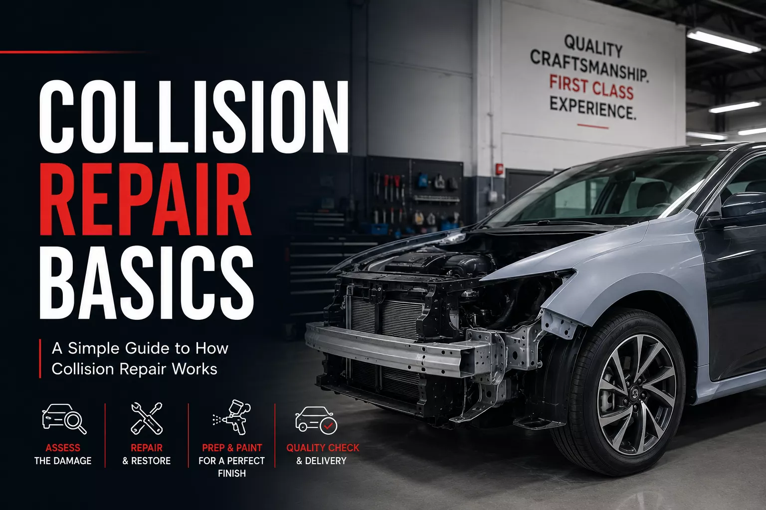 Front-end damaged vehicle inside a professional auto body repair shop illustrating the basic collision repair process, including damage assessment, repairs, paint refinishing, quality inspection, and delivery.
