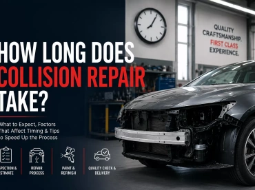 Vehicle undergoing collision repair in a professional auto body shop with a guide explaining how long collision repair takes, from estimate and repairs to paint, refinishing, quality inspection, and delivery.