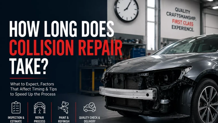 Vehicle undergoing collision repair in a professional auto body shop with a guide explaining how long collision repair takes, from estimate and repairs to paint, refinishing, quality inspection, and delivery.