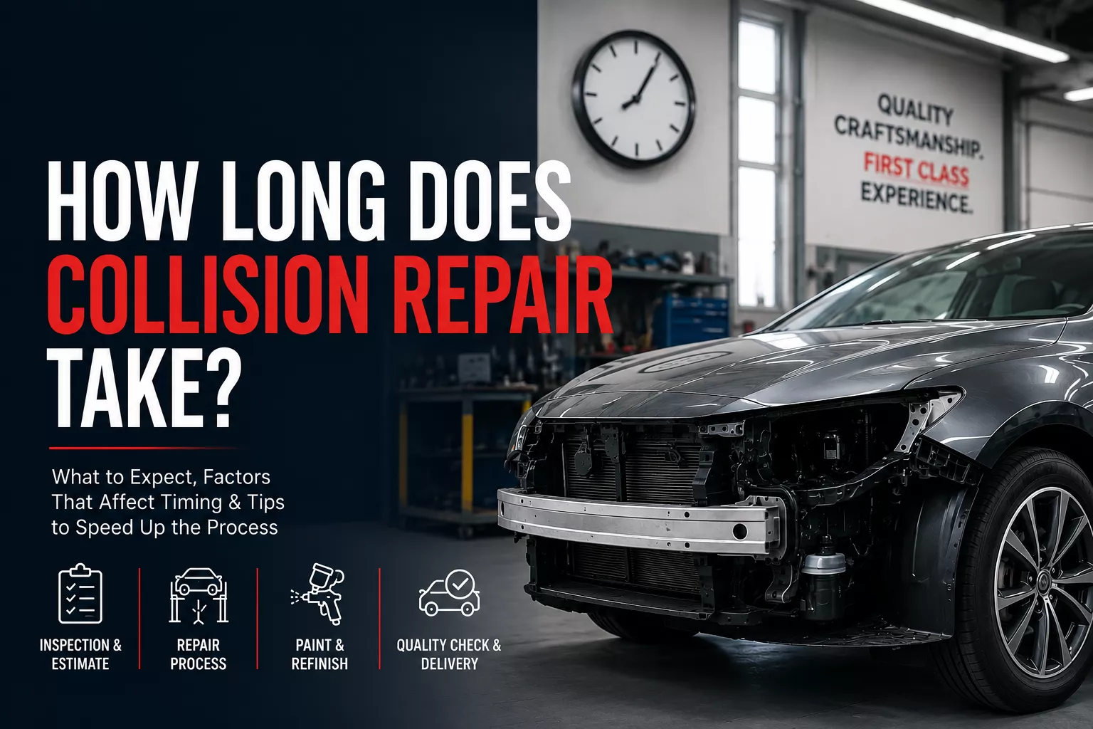 Vehicle undergoing collision repair in a professional auto body shop with a guide explaining how long collision repair takes, from estimate and repairs to paint, refinishing, quality inspection, and delivery.