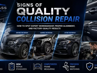 Technician inspecting a professionally repaired vehicle demonstrating signs of quality collision repair including paint matching, panel alignment, and structural accuracy.