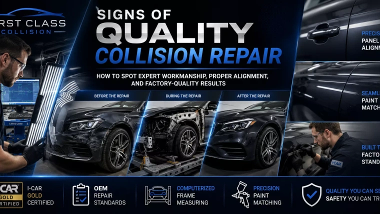 Technician inspecting a professionally repaired vehicle demonstrating signs of quality collision repair including paint matching, panel alignment, and structural accuracy.