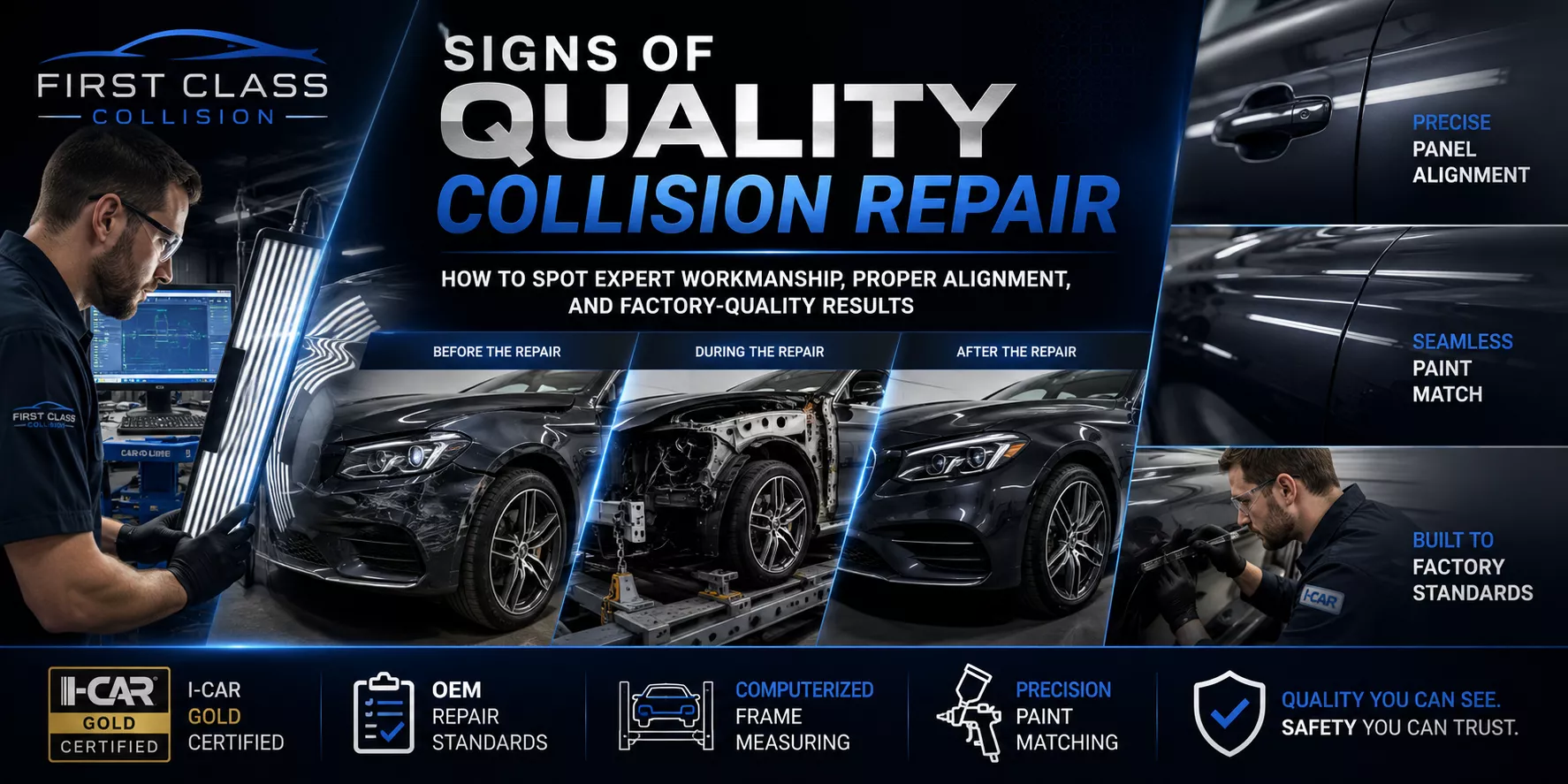 Technician inspecting a professionally repaired vehicle demonstrating signs of quality collision repair including paint matching, panel alignment, and structural accuracy.