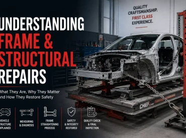 Vehicle secured on a frame straightening machine in a professional collision repair shop demonstrating frame and structural repair techniques used to restore vehicle alignment, structural integrity, and crash safety after an accident.