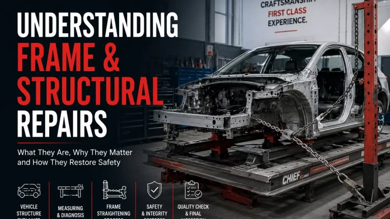 Vehicle secured on a frame straightening machine in a professional collision repair shop demonstrating frame and structural repair techniques used to restore vehicle alignment, structural integrity, and crash safety after an accident.