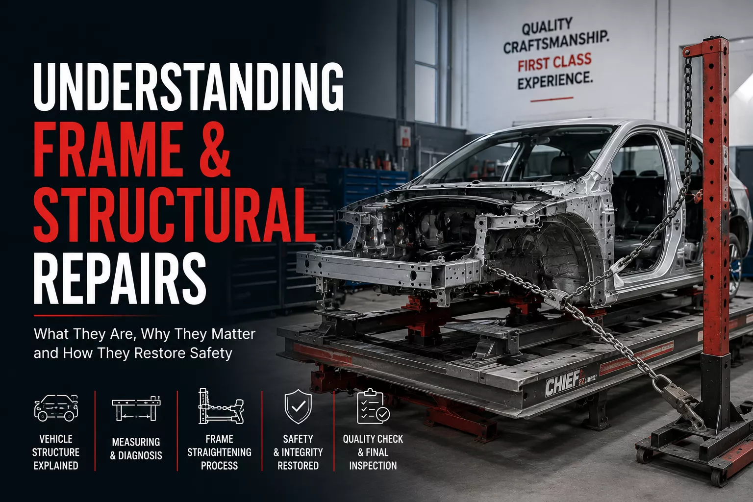 Vehicle secured on a frame straightening machine in a professional collision repair shop demonstrating frame and structural repair techniques used to restore vehicle alignment, structural integrity, and crash safety after an accident.