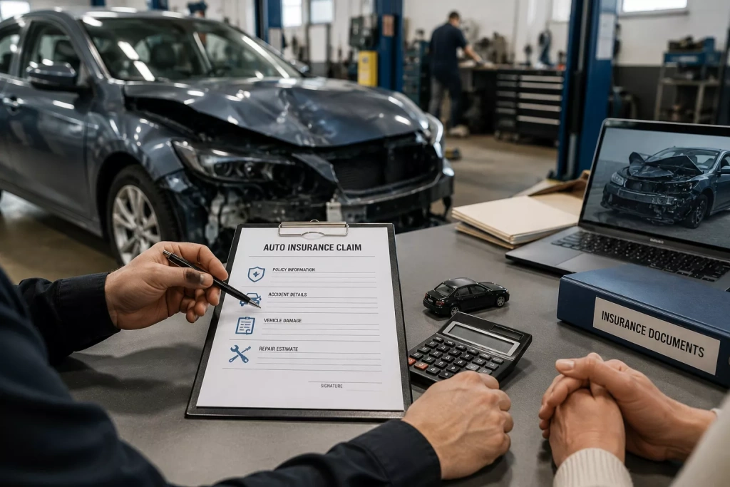 Customer reviewing an auto insurance claim with a collision repair professional in an auto body shop, with a damaged vehicle in the background and claim paperwork ready for processing after an accident.