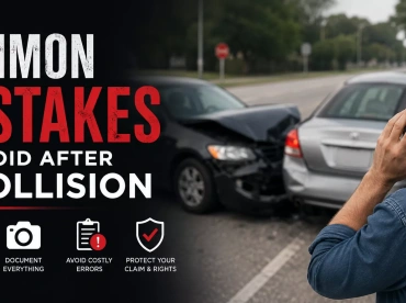Header image of a man lokking at two cars afer and accident with bold letters in white and red Common Mistake to Avoid After Collision