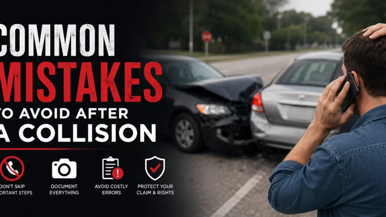Header image of a man lokking at two cars afer and accident with bold letters in white and red Common Mistake to Avoid After Collision
