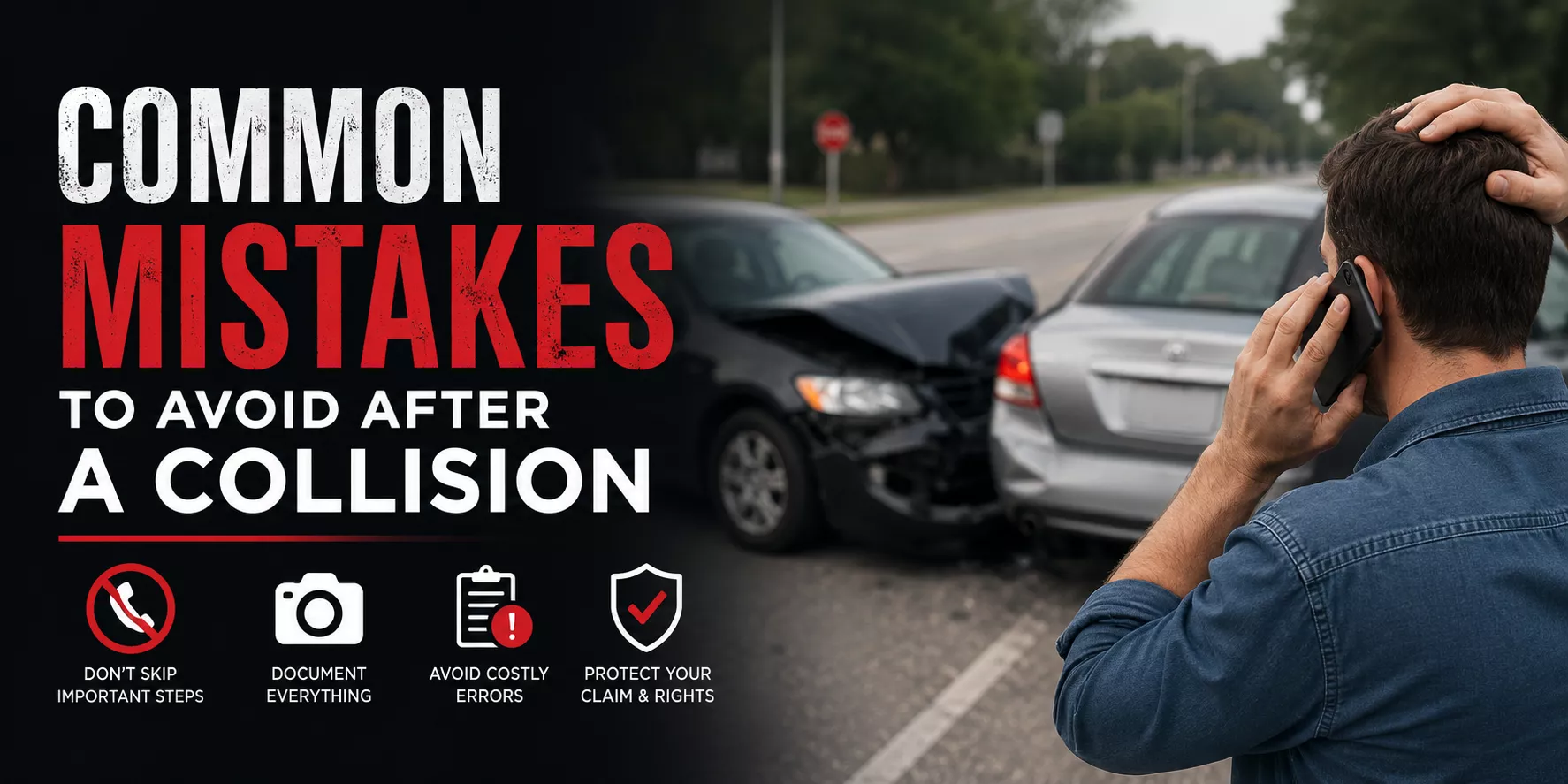Header image of a man lokking at two cars afer and accident with bold letters in white and red Common Mistake to Avoid After Collision