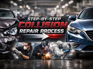 A collision shop interior with cars on a lift and the title in read and white