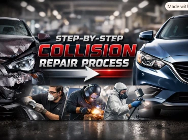 header image for First Class Collision Westbury NY - a collage of auto related images with the title in red step by step collision repair process