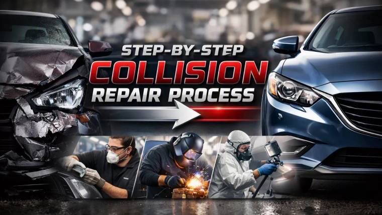 header image for First Class Collision Westbury NY - a collage of auto related images with the title in red step by step collision repair process