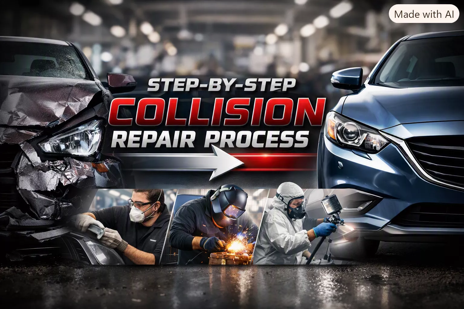header image for First Class Collision Westbury NY - a collage of auto related images with the title in red step by step collision repair process